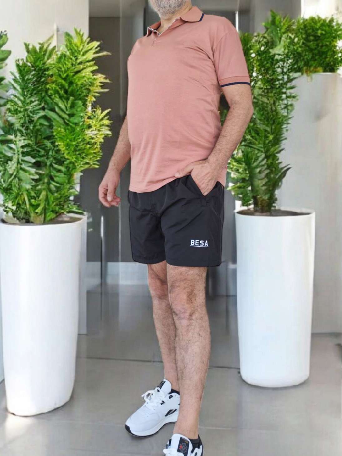 Besa Polo Yaka Fit Likralı Soft Premium Kumaş PUDRA T-Shirt